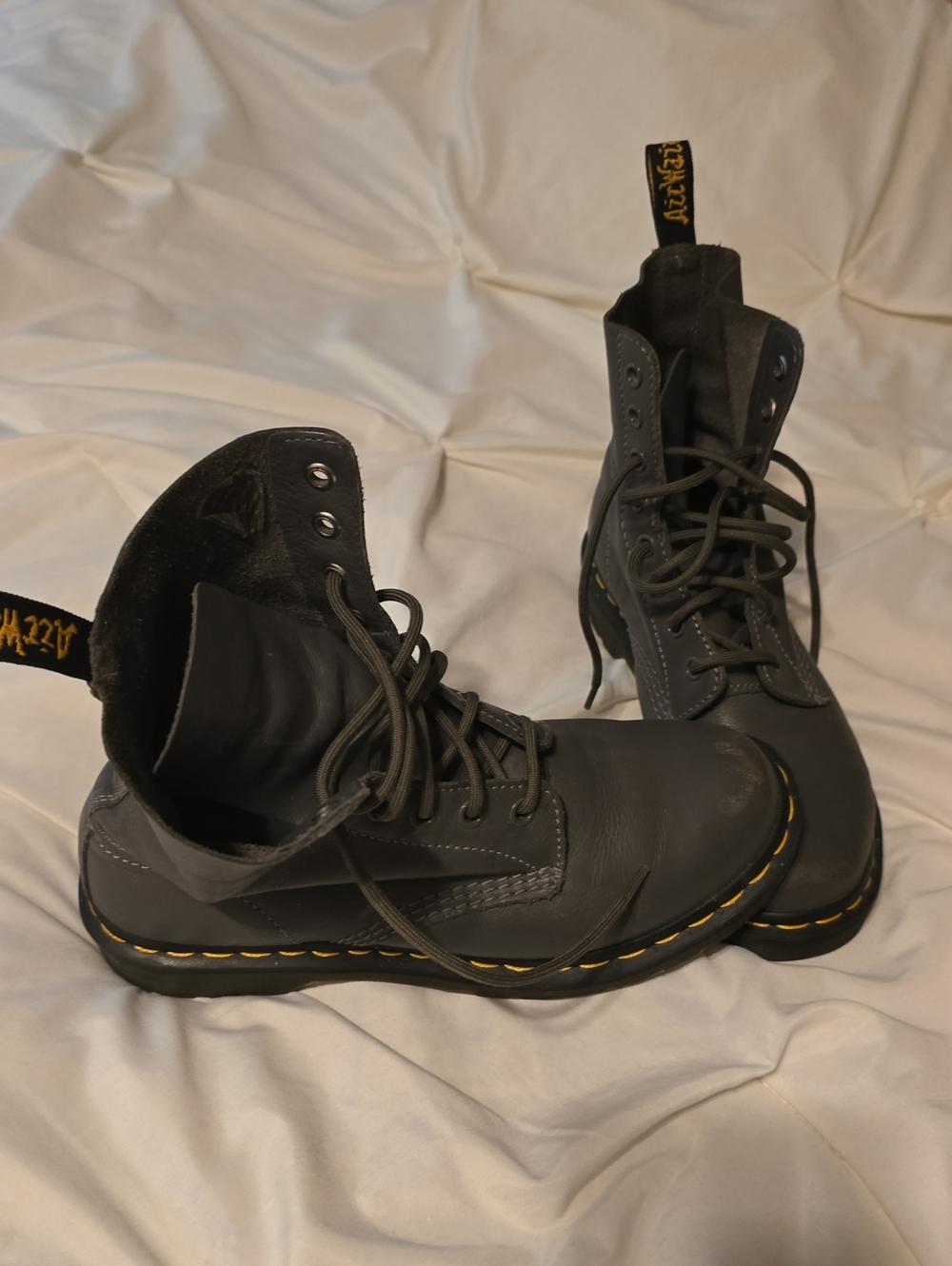 Dr. Martens Gray Leather 8-Eye Combat Boots with Yellow Stitching.  Size39EU/US9